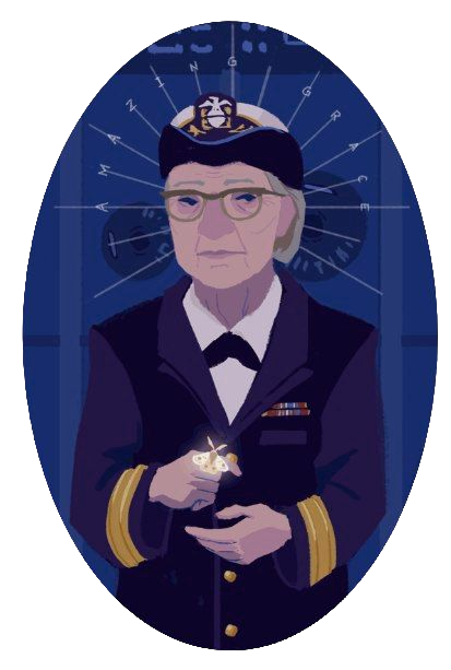 Ilustração de Grace Hopper com uma borboleta na mão e fundo azul escuro.